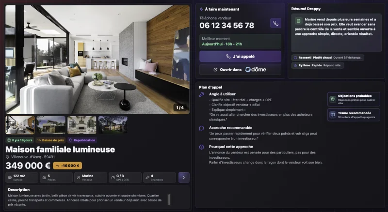 Fiche Droppy One avec résumé vendeur, plan d'appel et prochaine action